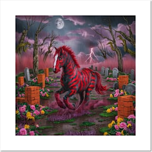 AI generated red striped horse in graveyard Posters and Art